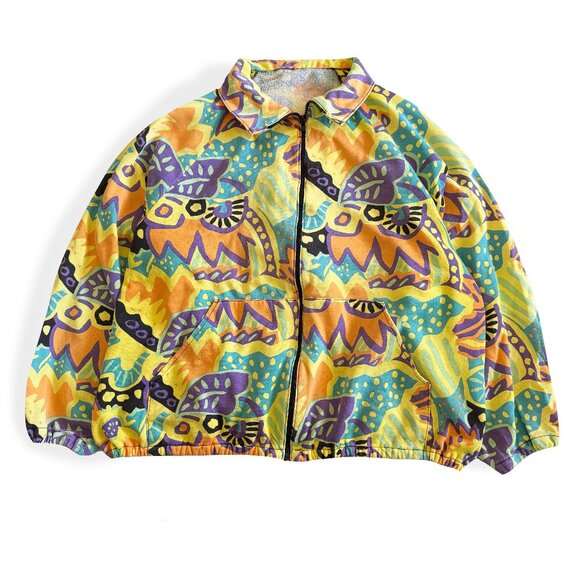 Vintage 90's Abstract Zip Up Sweater / Zipper Sweatshirt Bold Pattern 80s - Picture 1 of 4